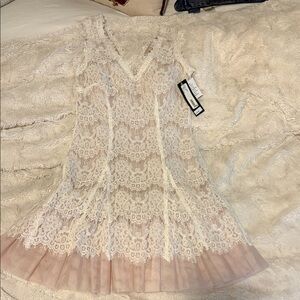 Betsy Adam Elegant Lace Dress with Chiffon Blush lace hem